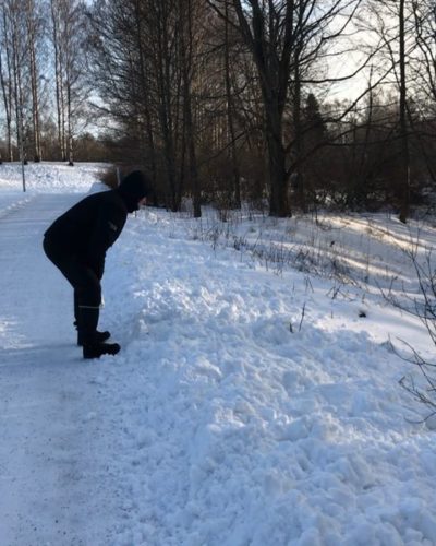 Nice winter weather in Helsinki. Longinoja dike is getting frozen, as late as in February this time.