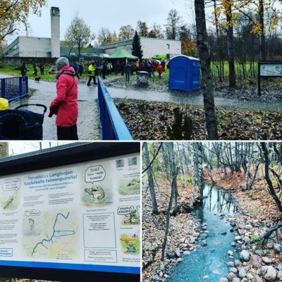 Longinojan luontopolun avajaisissa. Luontopolku kulkee Longinojan vartta ja kertoo kaupunkipurosta. Täällä voi ihastella taimenten nousua purossa keskellä kaupunkia.